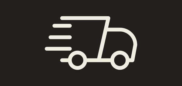 White delivery truck icon with speed lines on a black background