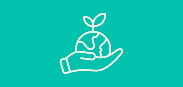 Outline of a hand holding a globe with a plant on a teal background