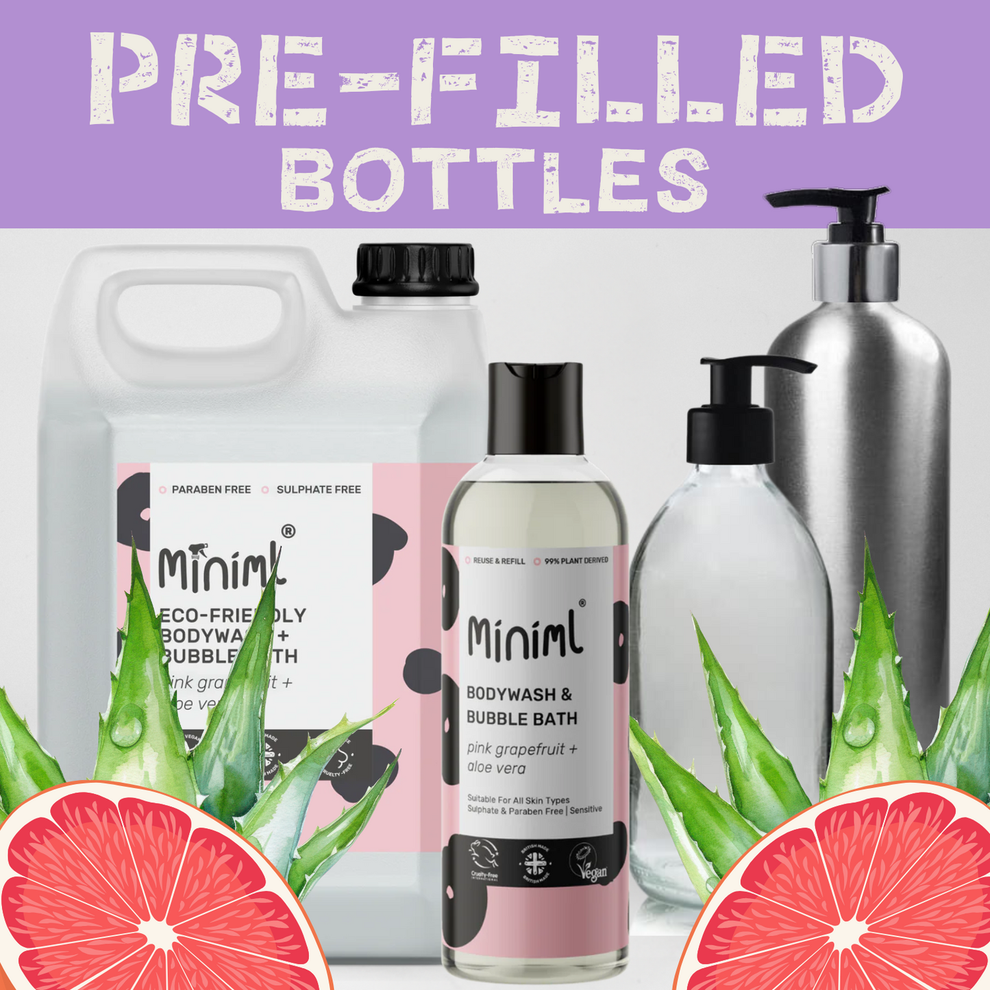 Pink Grapefruit & Aloe Vera - Bodywash & Bubblebath - Prefilled Bottles